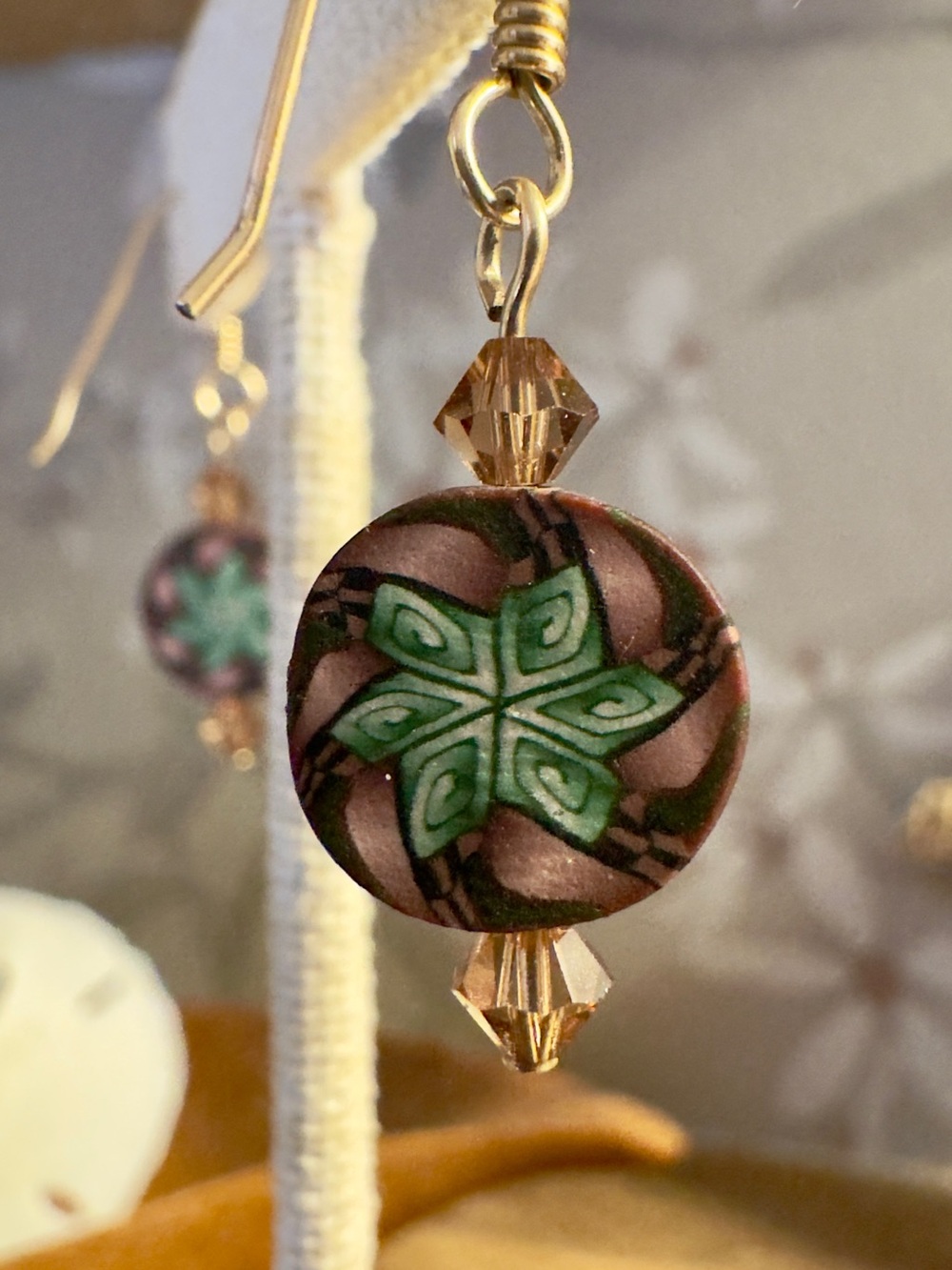 Handcrafted Green & Brown Floral Drop Earrings
